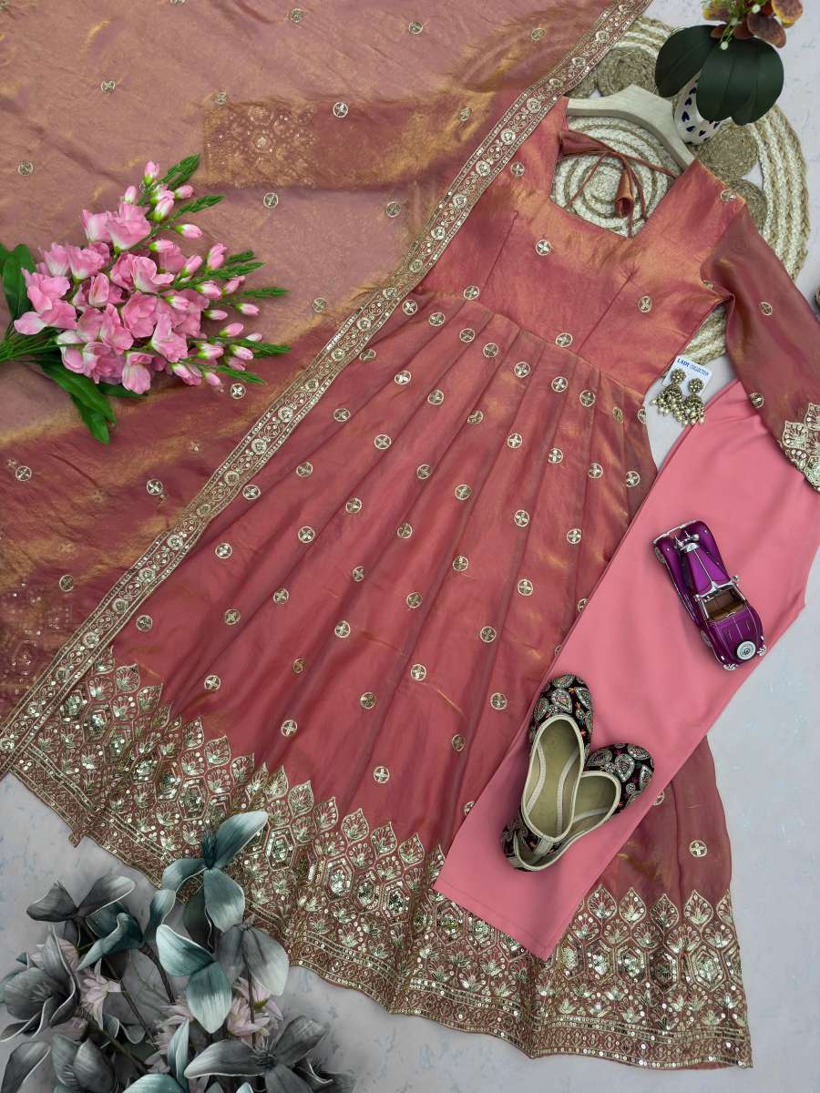 3MODERN FENDY SILK EMBROIDERY SEQUENCE WORK GOWN BOTTOM WITH DUPATTA WEDDING WEAR WHOLESALE PRICE ETHNIC GARMENT (10)