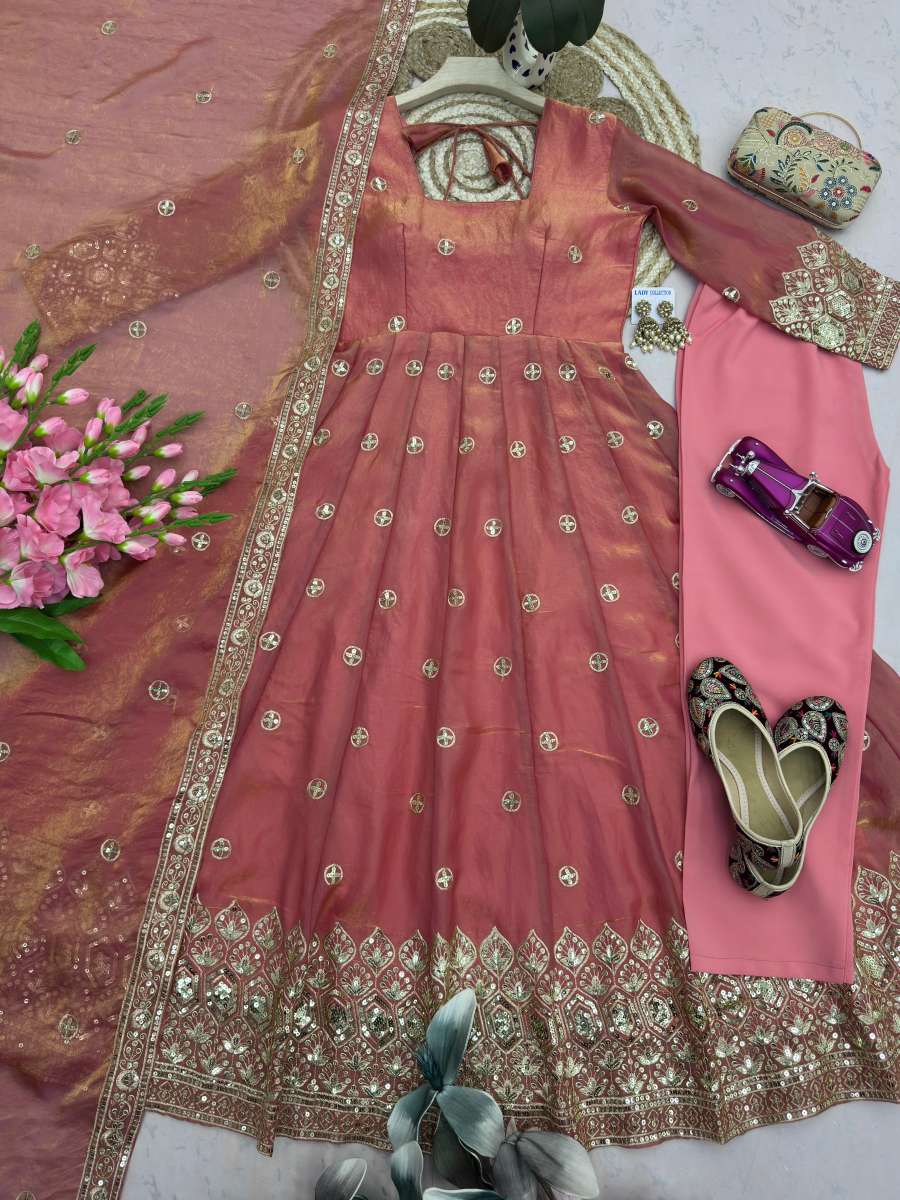 3MODERN FENDY SILK EMBROIDERY SEQUENCE WORK GOWN BOTTOM WITH DUPATTA WEDDING WEAR WHOLESALE PRICE ETHNIC GARMENT (13)