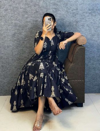 MODERN RAYON WARLI ART PRINTED  WORK ONE PIECE DRESS BLACK