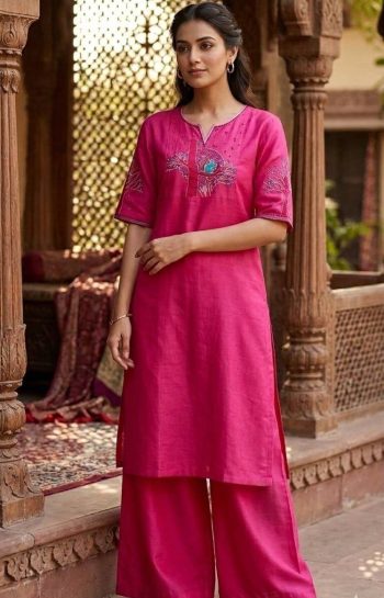 MODERN SLUB COTTON EMBROIDERY WORK TOP PENT SET PINK