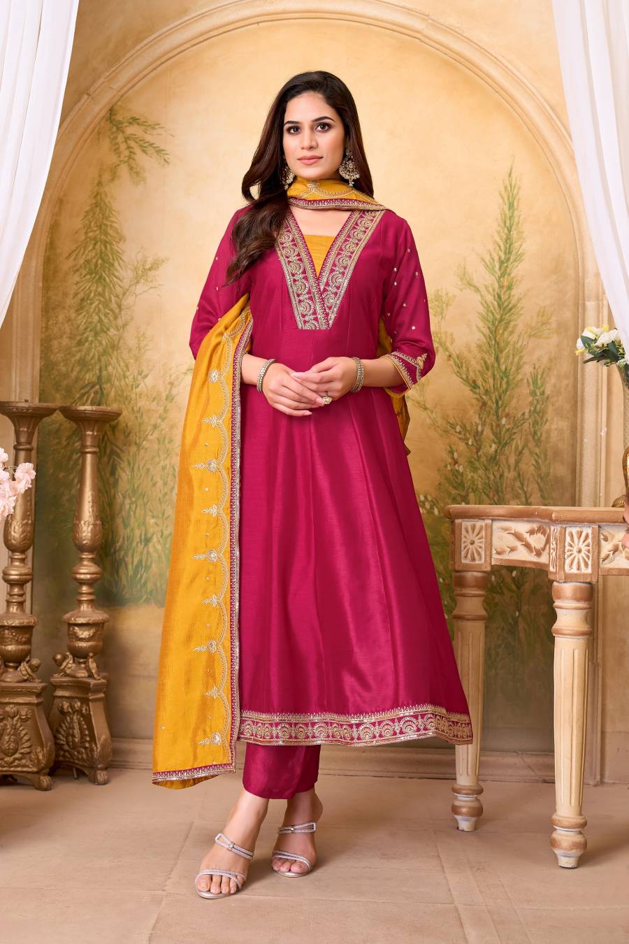 3MODERN VICHITRA SILK EMBROIDERY, SEQUENCE & CODING WORK ANARKALI BOTTOM WITH DUPATTA WEDDING WEAR WHOLESALE PRICE ETHNIC GARMENT (19)