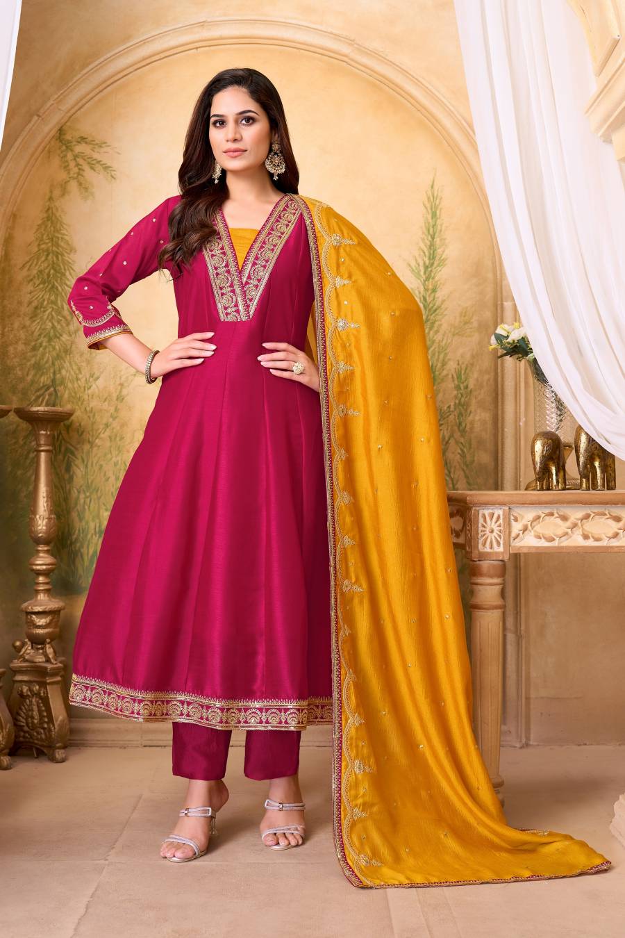 3MODERN VICHITRA SILK EMBROIDERY, SEQUENCE & CODING WORK ANARKALI BOTTOM WITH DUPATTA WEDDING WEAR WHOLESALE PRICE ETHNIC GARMENT (20)