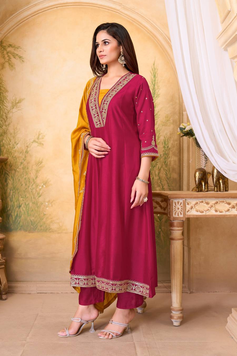 3MODERN VICHITRA SILK EMBROIDERY, SEQUENCE & CODING WORK ANARKALI BOTTOM WITH DUPATTA WEDDING WEAR WHOLESALE PRICE ETHNIC GARMENT (23)