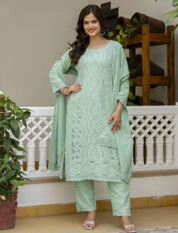 NEW ARRIVAL CAMBRIC COTTON BORING CHIKAN KARI WORK TOP BOTTOM WITH DUPATTA PISTA