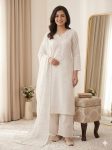 NEW ARRIVAL MUL CHANDERI HAND MIRROR WITH SEQUENCE EMBROIDERY AND CUTWORK TOP PALAZZO WITH DUPATTA OFF WHITE