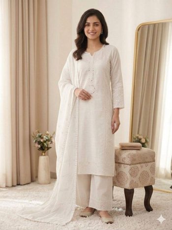 NEW ARRIVAL MUL CHANDERI HAND MIRROR WITH SEQUENCE EMBROIDERY AND CUTWORK TOP PALAZZO WITH DUPATTA OFF WHITE