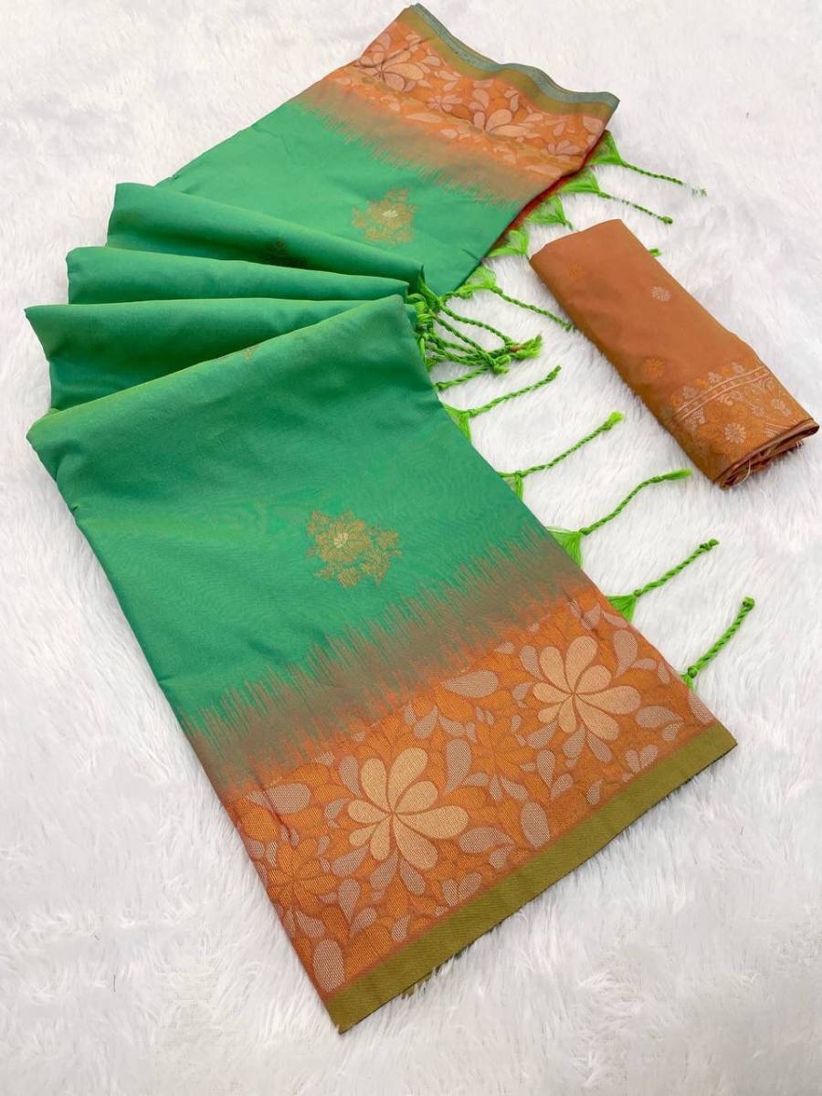 3RICH LOOK BANARASI SILK COPPER ZARI FLOWER MOTIFS & WOVEN BORDER WORK SAREE WITH UNSTITCHED BLOUSE FESTIVE WEAR WHOLESALE PRICE ETHNIC GARMENT (13)