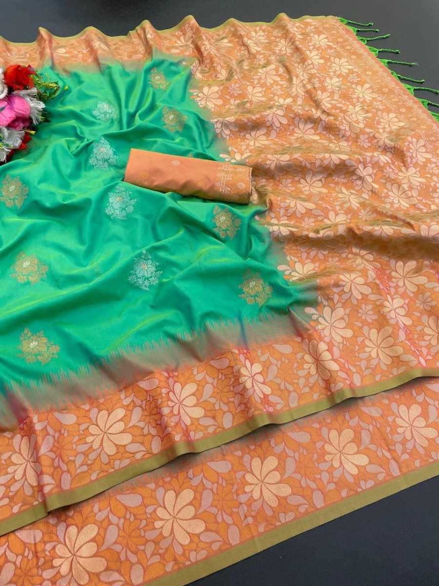 3RICH LOOK BANARASI SILK COPPER ZARI FLOWER MOTIFS & WOVEN BORDER WORK SAREE WITH UNSTITCHED BLOUSE FESTIVE WEAR WHOLESALE PRICE ETHNIC GARMENT (14)