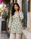 RICH  LOOK COTTON PRINTED WORK SHORT KURTI  WHITE AND BLUE