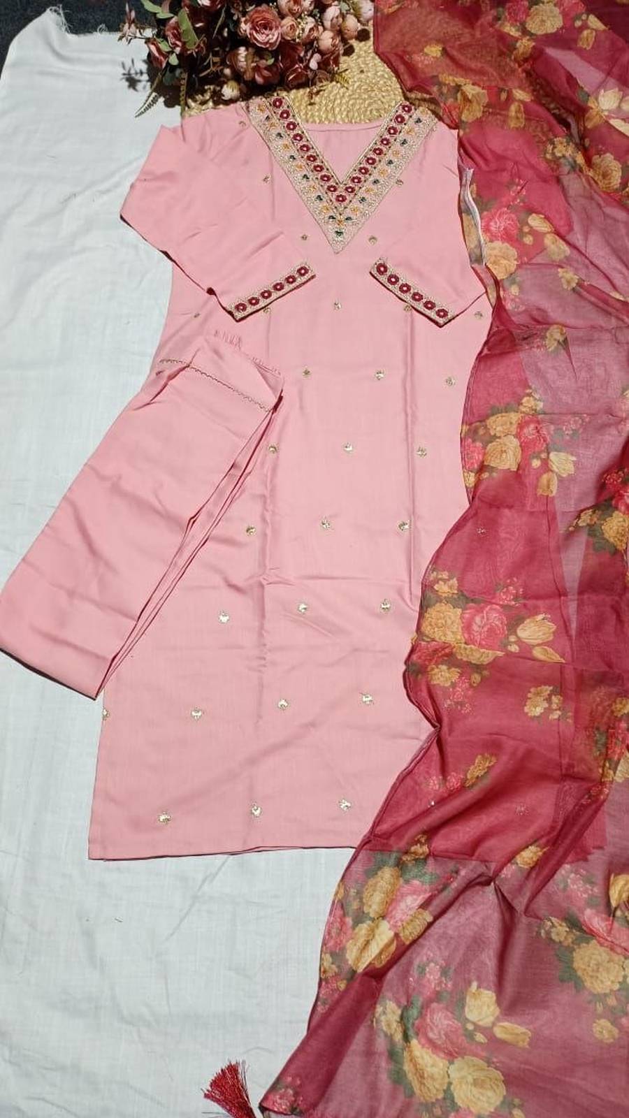 3RICH LOOK COTTON SILK EMBROIDERY WORK TOP BOTTOM WITH DUPATTA FESTIVE WEAR WHOLESALE PRICE ETHNIC GARMENT (9)