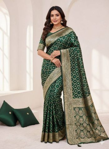 RICH LOOK LICHI SILK WEAVING WORK SAREE WITH UNSTITCHED BLOUSE GREEN