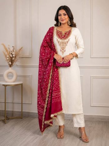 RICH LOOK SLUB COTTON EMBROIDERY WORK TOP BOTTOM WITH DUPATTA WHITE