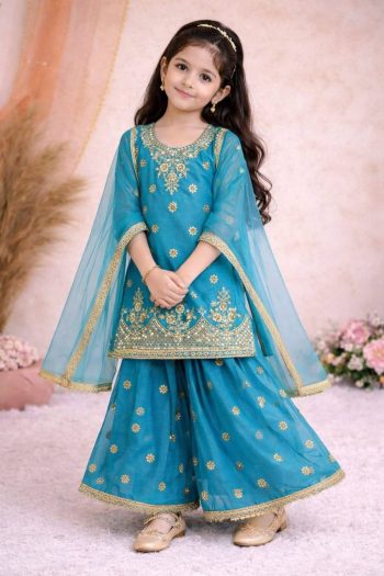 TRADITINAL GEORGETTE EMBROIDERY WORK KID'S TOP PALAZZO WITH DUPATTA RAMA