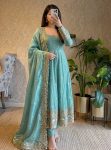 DESIGNER FENDY SILK EMBROIDERY SEQUENCE WORK GOWN BOTTOM WITH DUPATTA SKY