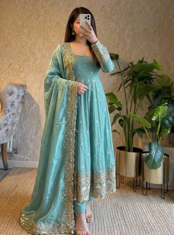 DESIGNER FENDY SILK EMBROIDERY  SEQUENCE WORK GOWN BOTTOM WITH DUPATTA SKY