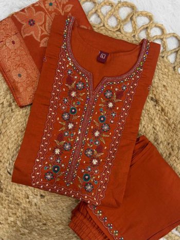 DESIGNER MANGO SILK MULTI EMBROIDERY SEQUENCE WITH HAND WORK TOP BOTTOM WITH DUPATTA ORANGE