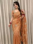 DESIGNER SOFT FENDY SATIN SILK HAND WORK AND CUT WORK WITH ARCO BORDER SAREE WITH STITCH BLOUSE ORANGE