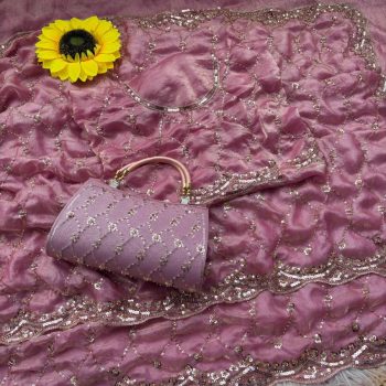 DESIGNER SPACE SILK ORIGINAL GOLD BEADS WORK WITH CUT  WORK BORDER SAREE WITH UNSTITCHED BLOUSE BABY PINK