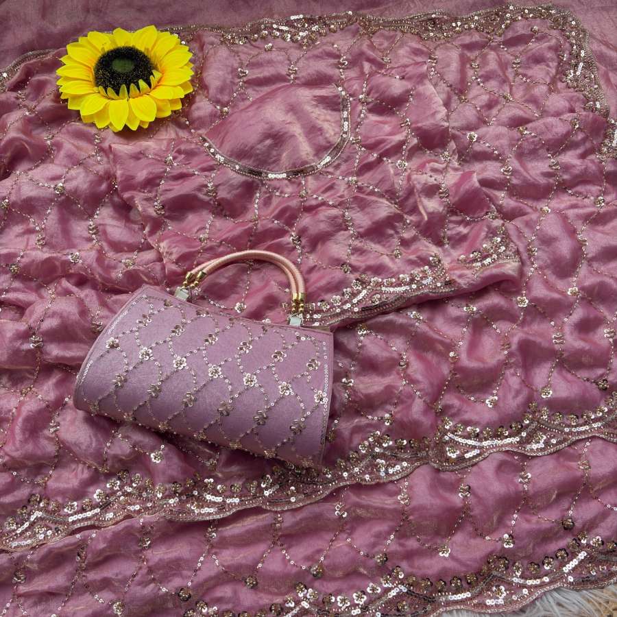 4DESIGNER SPACE SILK ORIGINAL GOLD BEADS WORK WITH CUT WORK BORDER SAREE WITH UNSTITCHED BLOUSE WITH SAME PURSE PARTY WEAR WHOLESALE PRICE ETHNIC GARMENT (15)