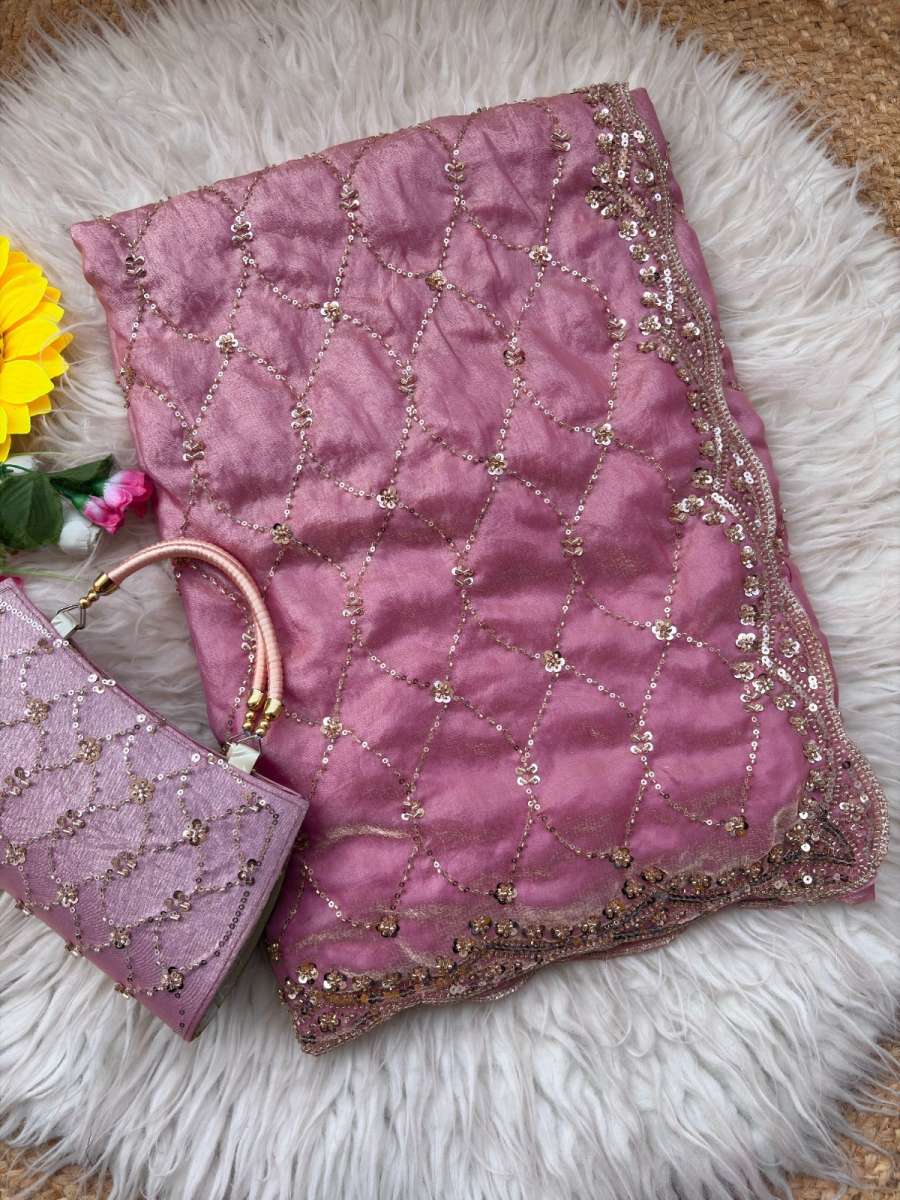 4DESIGNER SPACE SILK ORIGINAL GOLD BEADS WORK WITH CUT WORK BORDER SAREE WITH UNSTITCHED BLOUSE WITH SAME PURSE PARTY WEAR WHOLESALE PRICE ETHNIC GARMENT (16)