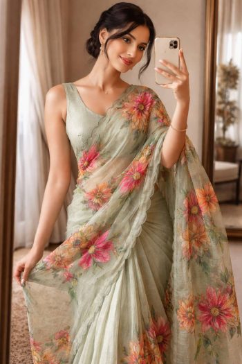 FANCY LINEN SILK DIGITAL PRINT AND KHATLI WORK SAREE WITH UNSTITCHED BLOUSE PISTA