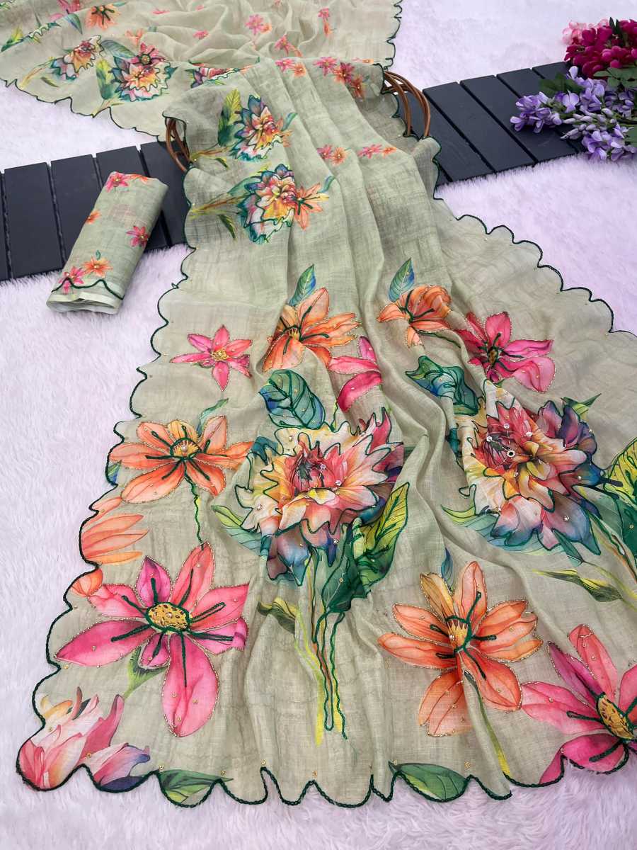 4FANCY LINEN SILK DIGITAL PRINT AND KHATLI WORK SAREE WITH UNSTITCHED BLOUSE FESTIVE WEAR WHOLESALE PRICE ETHNIC GARMENT (9)
