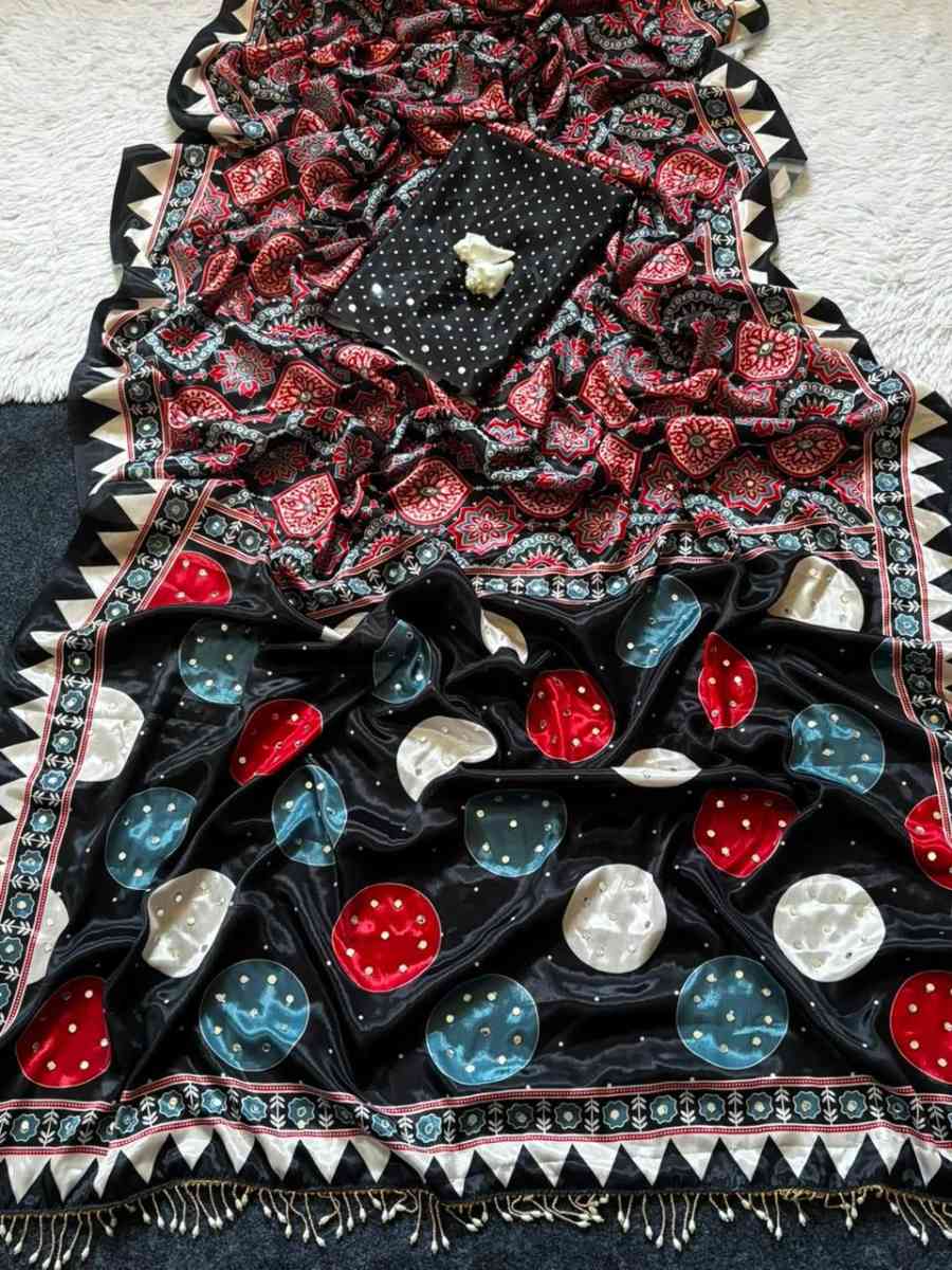 4FANCY SATIN AJARAKH PRINT WITH REAL MIRROR WORK SAREE WITH UNSTITCHED BLOUSE FESTIVE WEAR WHOLESALE PRICE ETHNIC GARMENT (10)
