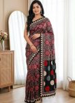 FANCY SATIN AJARAKH PRINT WITH REAL MIRROR WORK SAREE WITH UNSTITCHED BLOUSE BLACK AND RED