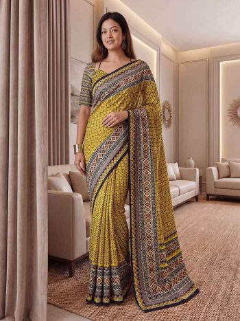 MODERN CHINON DIGITAL AJRAK PRINT WITH REAL MIRROR WORK SAREE WITH UNSTITCHED BLOUSE YELLOW