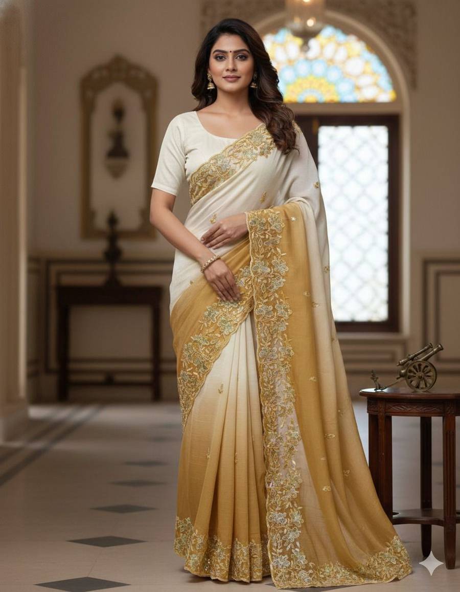 4MODERN CRUNCHY PADDING EMBROIDERY AND MULTI THREAD WITH ARCO CUT WORK BORDER SAREE WITH UNSTITCHED BLOUSE FESTIVE WEAR WHOLESALE PRICE ETHNIC GARMENT (29)