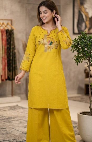 MODERN SLUB COTTON EMBROIDERY WORK TOP PENT SET YELLOW