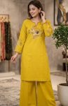 MODERN SLUB COTTON EMBROIDERY WORK TOP PENT SET YELLOW