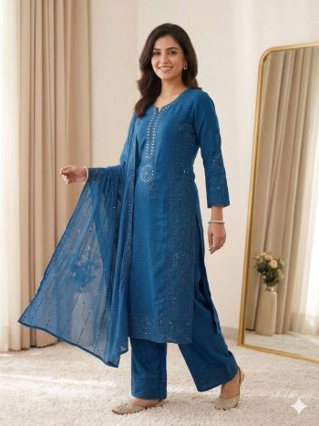 NEW ARRIVAL MUL CHANDERI HAND MIRROR WITH SEQUENCE EMBROIDERY AND CUTWORK TOP PALAZZO WITH DUPATTA TEAL