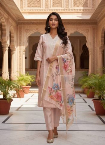 NEW ARRIVAL ROMAN SILK EMBROIDERY WORK TOP BOTTOM WITH DUPATTA CREAM