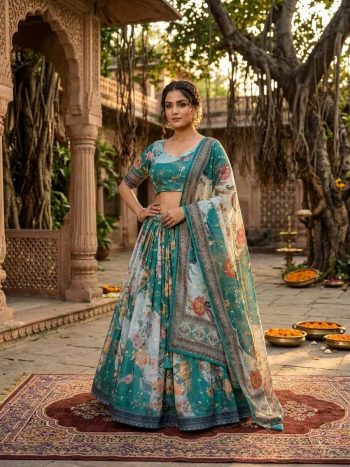 NEW ARRIVAL TABBY SILK DIGITAL PRINTED WITH EMBROIDERY WORK LEHENGA CHOLI WITH DUPATTA RAMA