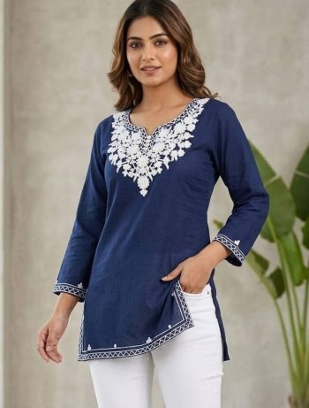 RICH LOOK COTTON EMBROIDERY WORK TOP NAVY BLUE