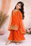 TRADITINAL GEORGETTE EMBROIDERY WORK KID'S TOP PALAZZO WITH DUPATTA ORANGE