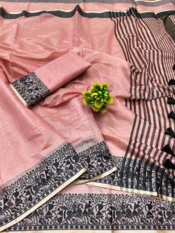 TRADITIONAL COTTON SOFT SILK JACQUARD WEAVING BORDER WORK SAREE WITH UNSTITCHED BLOUSE PEACH