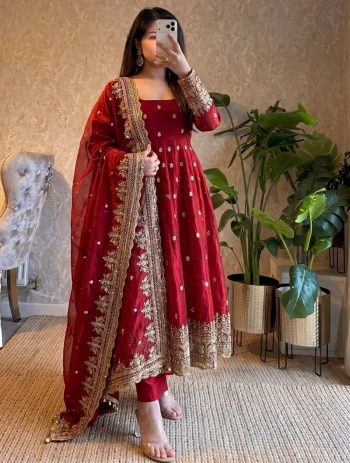 DESIGNER FENDY SILK EMBROIDERY  SEQUENCE WORK GOWN BOTTOM WITH DUPATTA RED