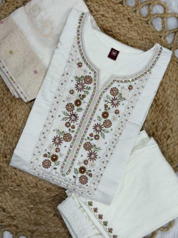 DESIGNER MANGO SILK MULTI EMBROIDERY SEQUENCE WITH HAND WORK TOP BOTTOM WITH DUPATTA WHITE