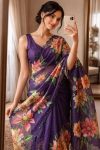 FANCY LINEN SILK DIGITAL PRINT AND KHATLI WORK SAREE WITH UNSTITCHED BLOUSE PURPLE