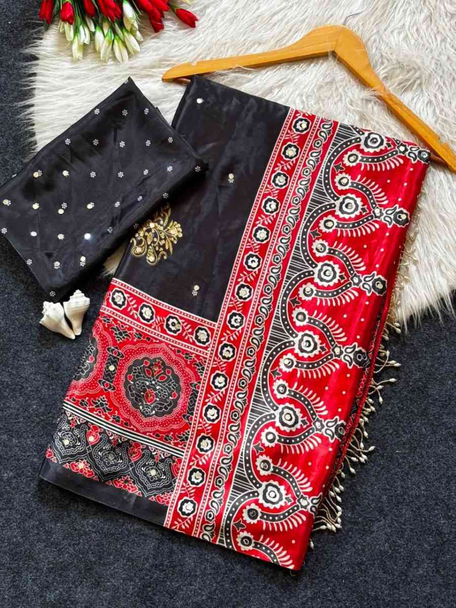 5FANCY SATIN AJARAKH PRINT WITH REAL MIRROR WORK SAREE WITH UNSTITCHED BLOUSE FESTIVE WEAR WHOLESALE PRICE ETHNIC GARMENT (10)