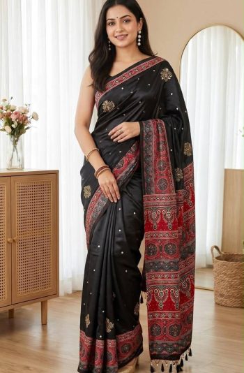 FANCY SATIN AJARAKH PRINT WITH REAL MIRROR WORK SAREE WITH UNSTITCHED BLOUSE BLACK
