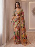 MODERN CHINON DIGITAL AJRAK PRINT WITH REAL MIRROR WORK SAREE WITH UNSTITCHED BLOUSE MULTI