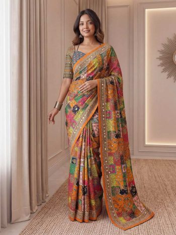 MODERN CHINON DIGITAL AJRAK PRINT WITH REAL MIRROR WORK SAREE WITH UNSTITCHED BLOUSE MULTI