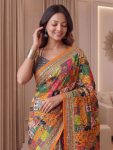 5MODERN CHINON DIGITAL AJRAK PRINT WITH REAL MIRROR WORK SAREE WITH UNSTITCHED BLOUSE PARTY WEAR WHOLESALE PRICE ETHNIC GARMENT (47)