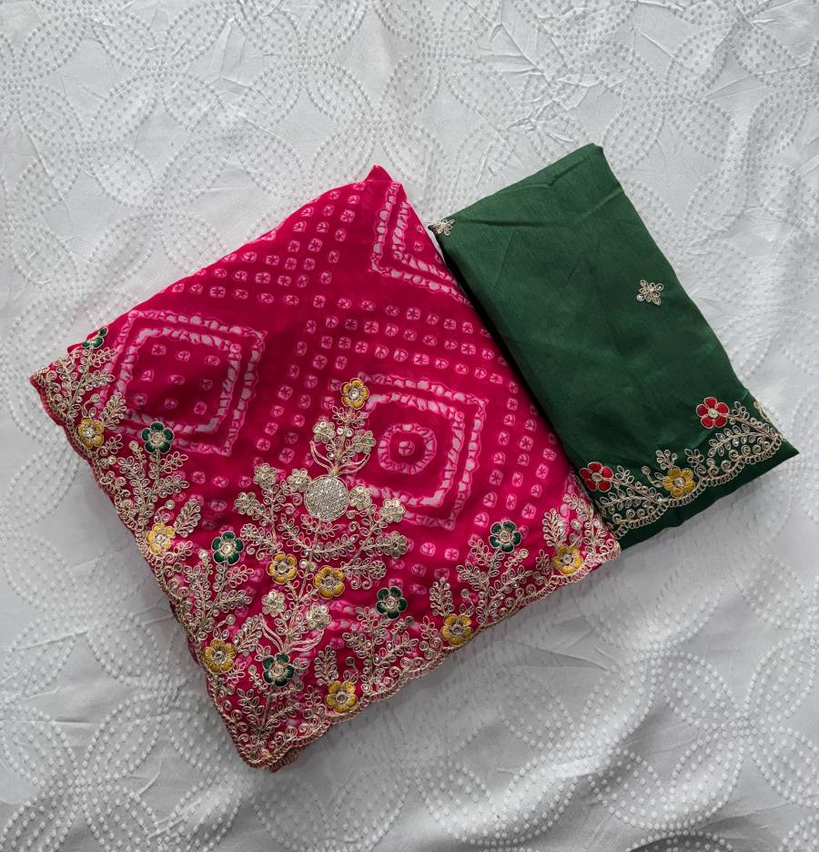 5MODERN GEORGETTE BANDHEJ PRINT WITH EMBROIDERY CUTWORK BORDER SAREE WITH UNSTITCHED BLOUSE WEDDING WEAR WHOLESALE PRICE ETHNIC GARMENT (10)