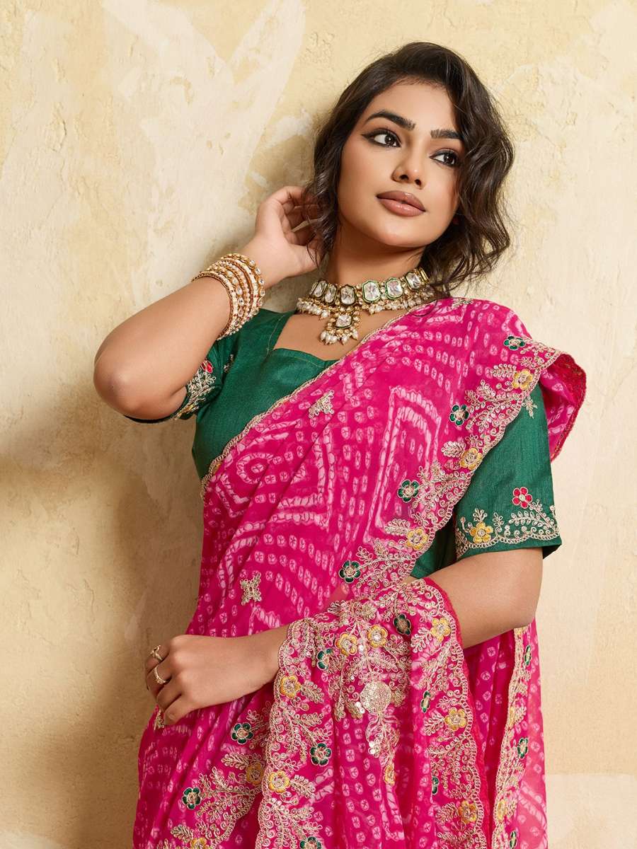 5MODERN GEORGETTE BANDHEJ PRINT WITH EMBROIDERY CUTWORK BORDER SAREE WITH UNSTITCHED BLOUSE WEDDING WEAR WHOLESALE PRICE ETHNIC GARMENT (11)