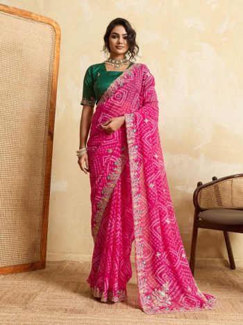 MODERN GEORGETTE BANDHEJ PRINT WITH EMBROIDERY CUTWORK BORDER SAREE WITH UNSTITCHED BLOUSE PINK