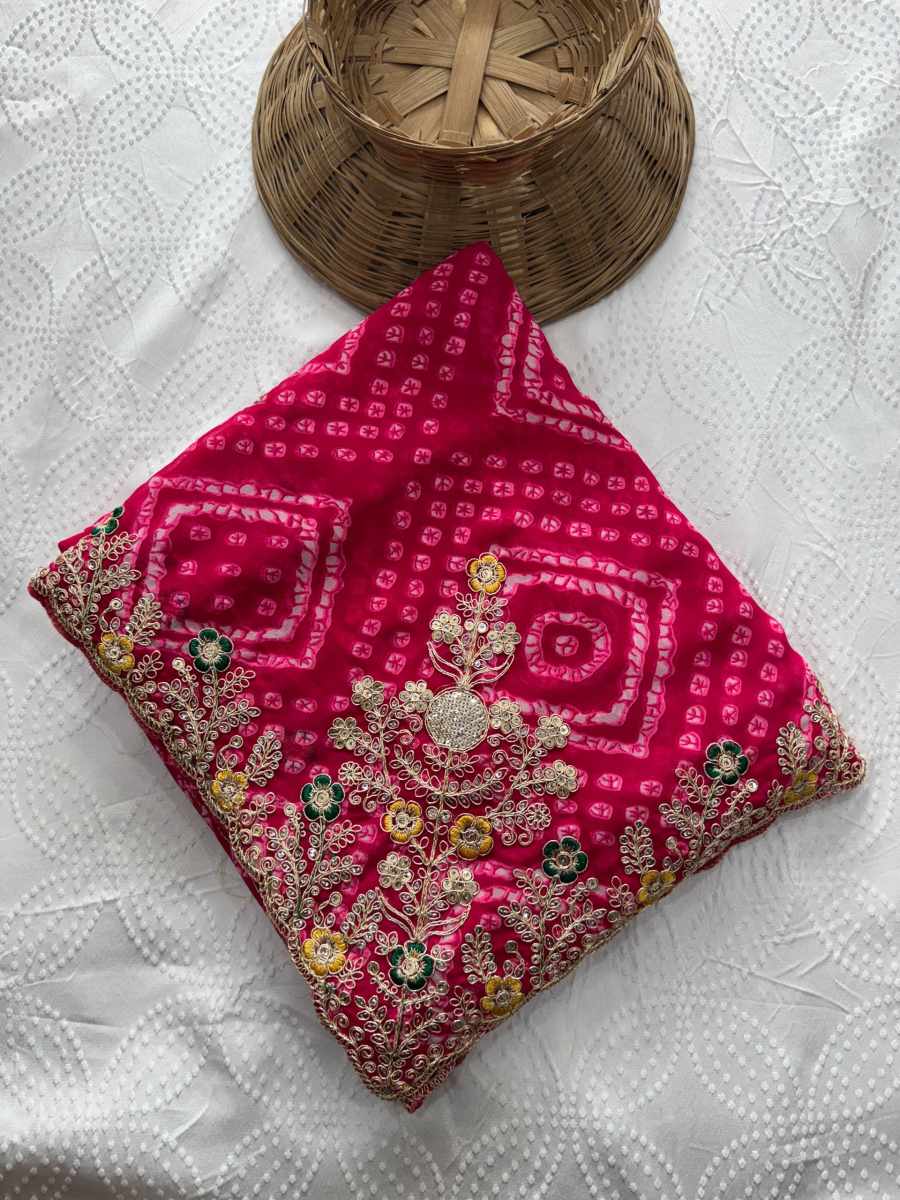 5MODERN GEORGETTE BANDHEJ PRINT WITH EMBROIDERY CUTWORK BORDER SAREE WITH UNSTITCHED BLOUSE WEDDING WEAR WHOLESALE PRICE ETHNIC GARMENT (15)